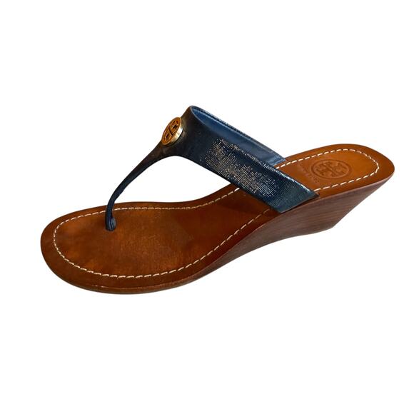 Tory Burch Cameron Wege Thong Sandals Navy Blue 7 - Picture 1 of 9